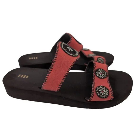 Lands End Wedge Sandal Womens 10 Red Brown Slip On Cushioned Southwestern Casual - Picture 9 of 9